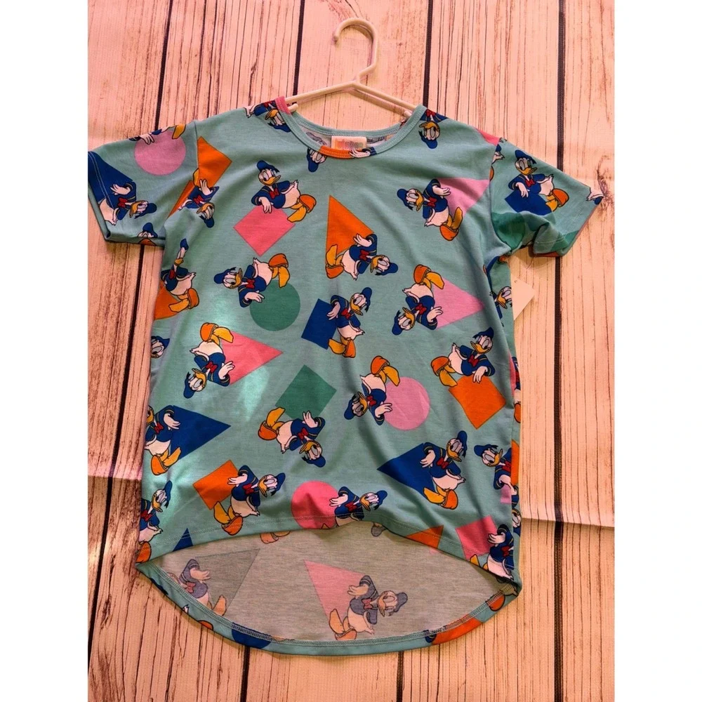 LuLaRoe Disney Donald Duck Gracie Top Kids Size 8 NWT Blue Geometric High Low‎